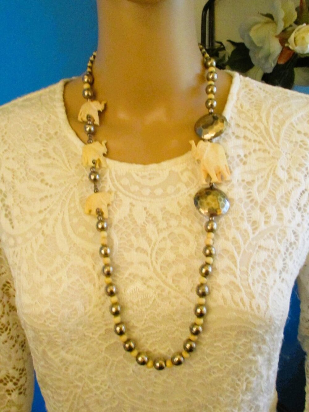 VINTAGE Carved Ox Bone Elephant Necklace: Silver Bench Beads, 31" Boho Tribal